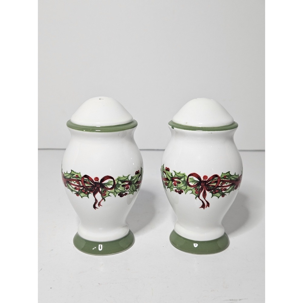 Christopher Radko Holiday Celebration Salt and Pepper Shakers Ceramic Green Trim